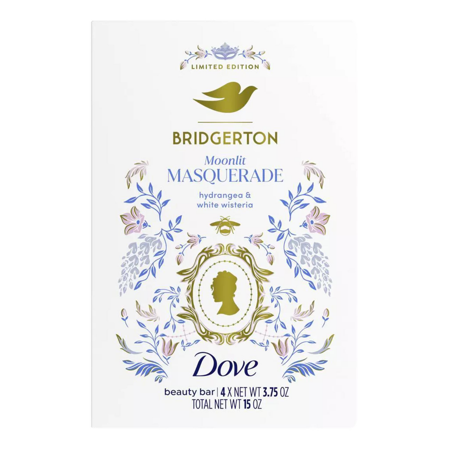 Dove Beauty Limited Edition Bridgerton Bar Soaps Moonlit Masquerade Hydrangea & White Wisteria Scent – 15oz/4ct