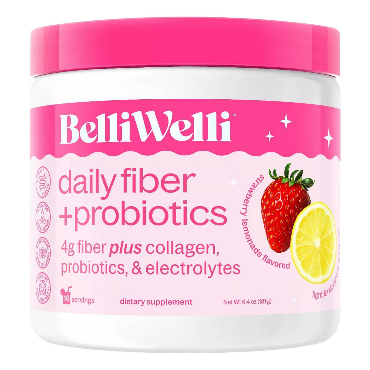 BelliWelli Daily Fiber Supplement + Probiotics, Electrolytes, Collagen, Powder – Strawberry Lemonade, 16 servings