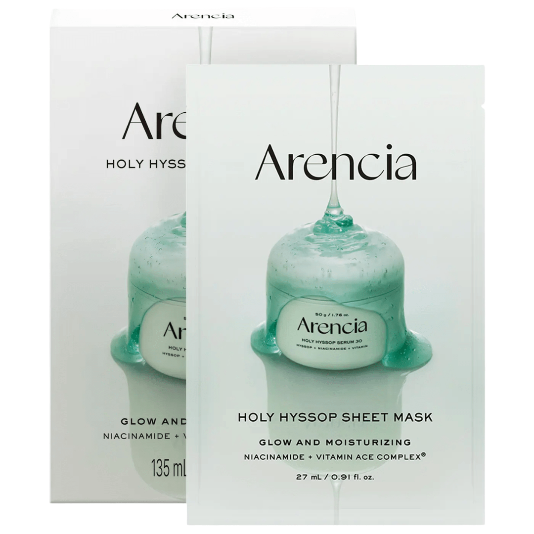 Arencia Holy Hyssop Brightening Sheet Mask (5-Pack) for Post-Acne Marks with Vitamin A, C, E, and Niacinamide