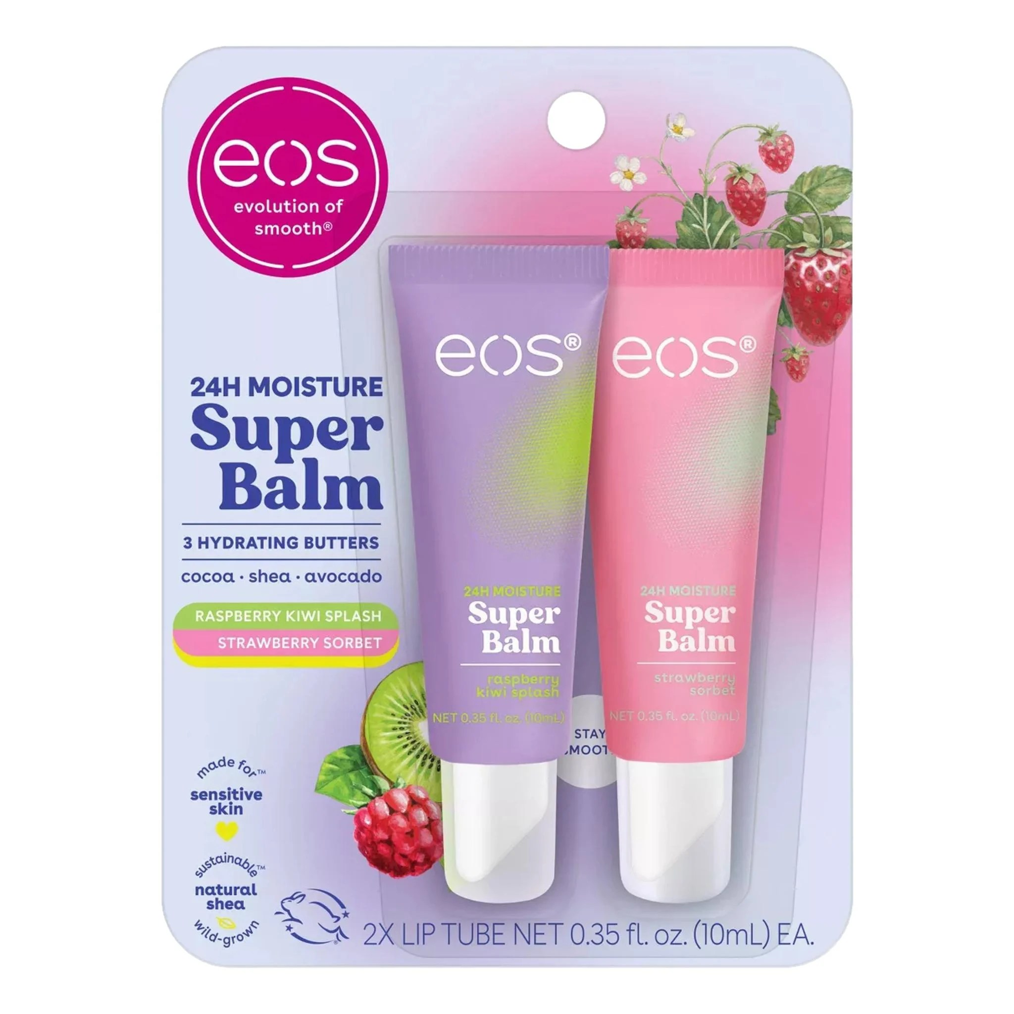 eos 24H Moisture Super Balm – Raspberry Kiwi Splash & Strawberry Sorbet, 0.7 fl oz/2pk