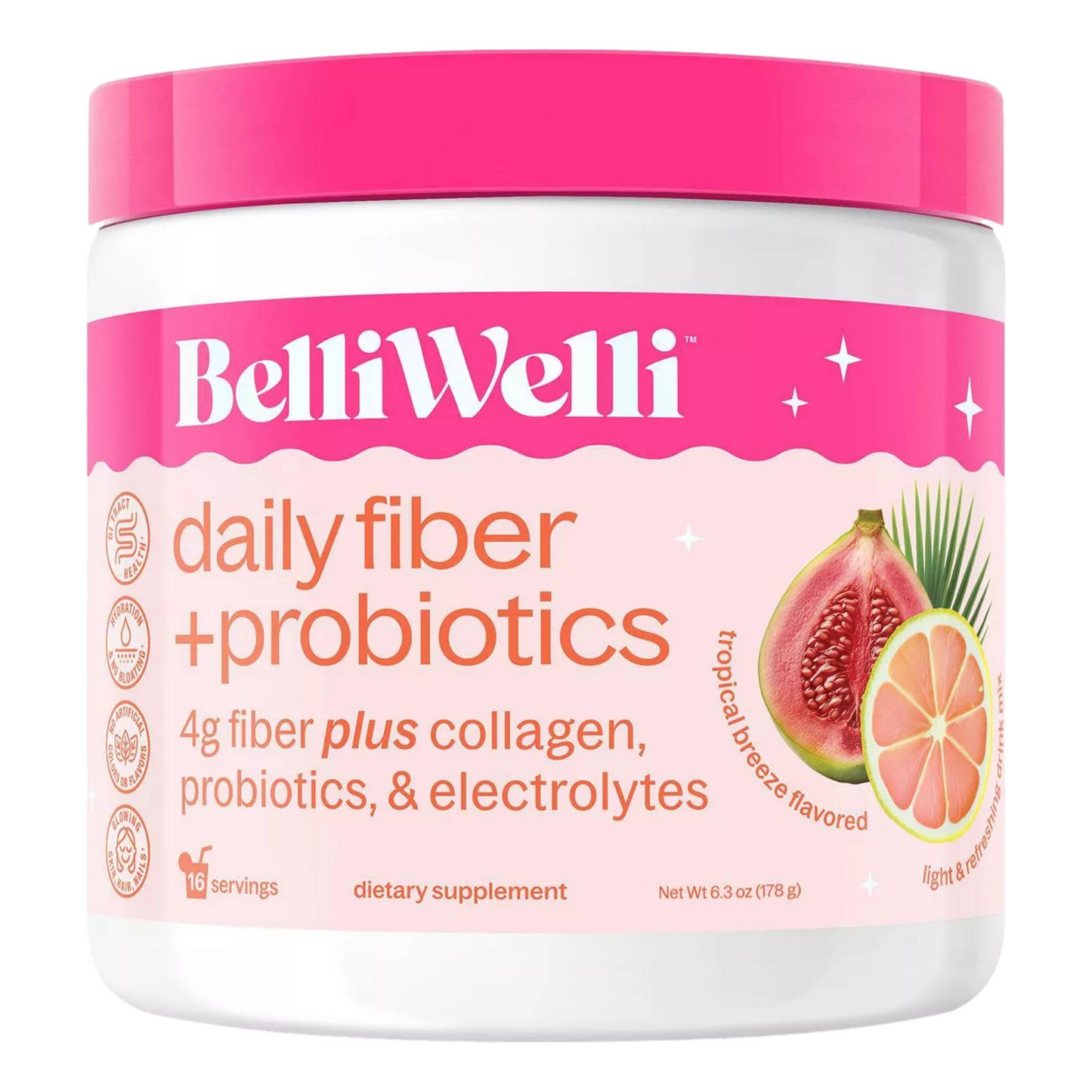 BelliWelli Daily Fiber Supplement + Probiotics, Electrolytes, Collagen, Powder – Tropical Breeze, 16 servings