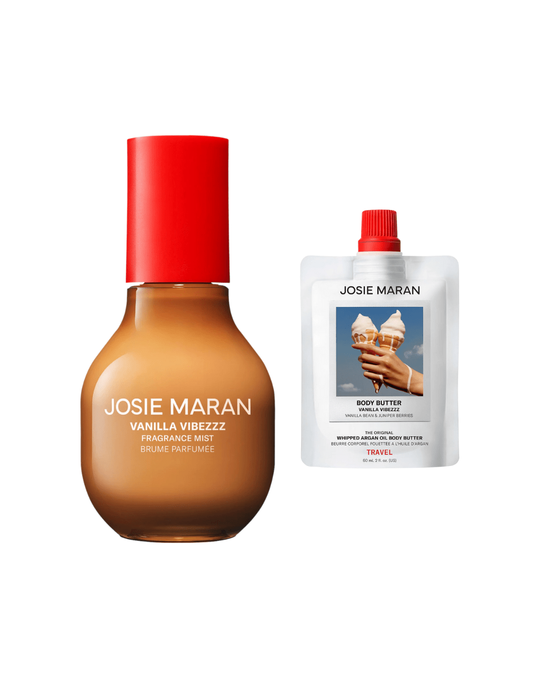 Josie Maran Vanilla Vibezzz Body + Hair Fragrance Mist, 100 ml &amp; Josie Maran Vanilla Vibezzz Whipped Argan Oil Refillable Firming Body Butter, Refill 2 oz