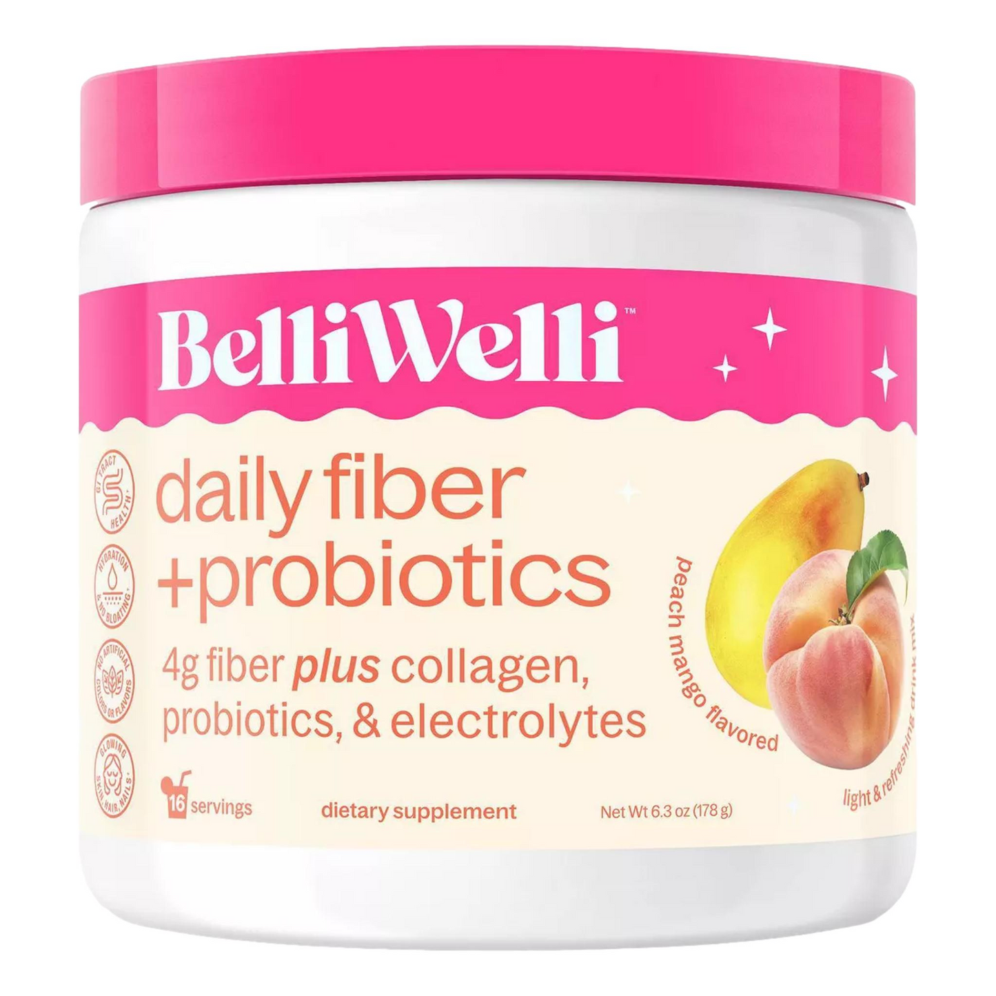 BelliWelli Daily Fiber Supplement + Probiotics, Electrolytes, Collagen, Powder – Peach Mango, 16 servings
