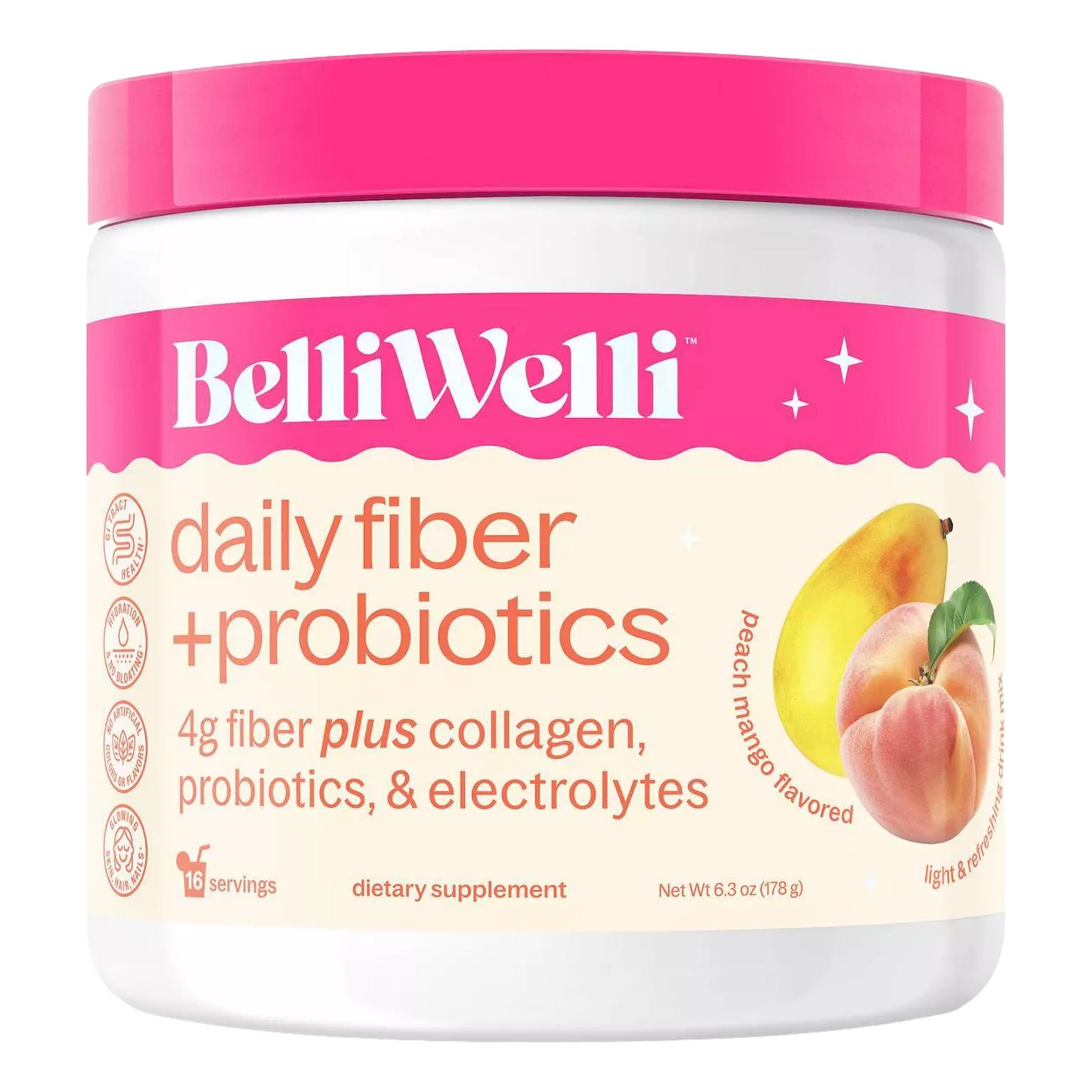 BelliWelli Daily Fiber Supplement + Probiotics, Electrolytes, Collagen, Powder – Peach Mango, 16 servings