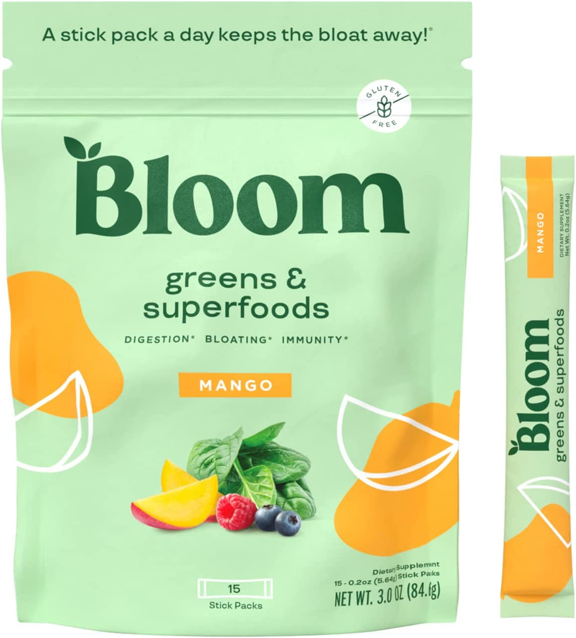 BLOOM NUTRITION Super Greens Powder Smoothie & Juice Mix, 15 Stick Packs