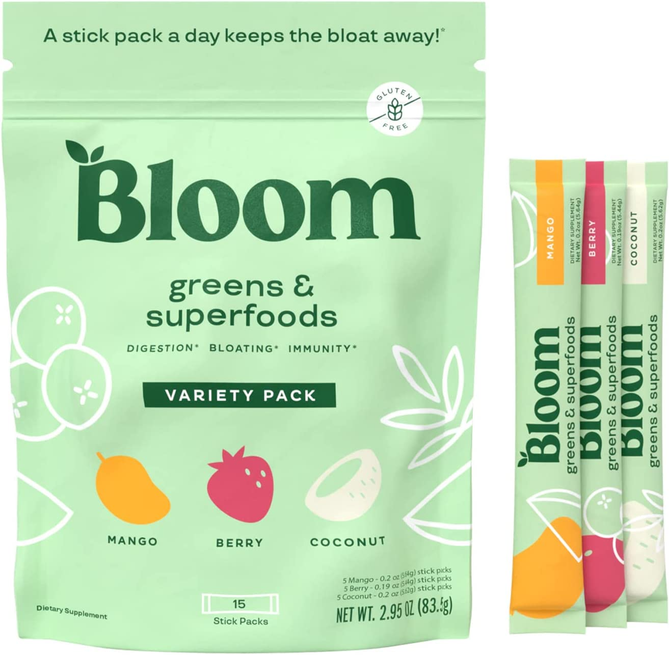 BLOOM NUTRITION Super Greens Powder Smoothie & Juice Mix, 15 Stick Packs